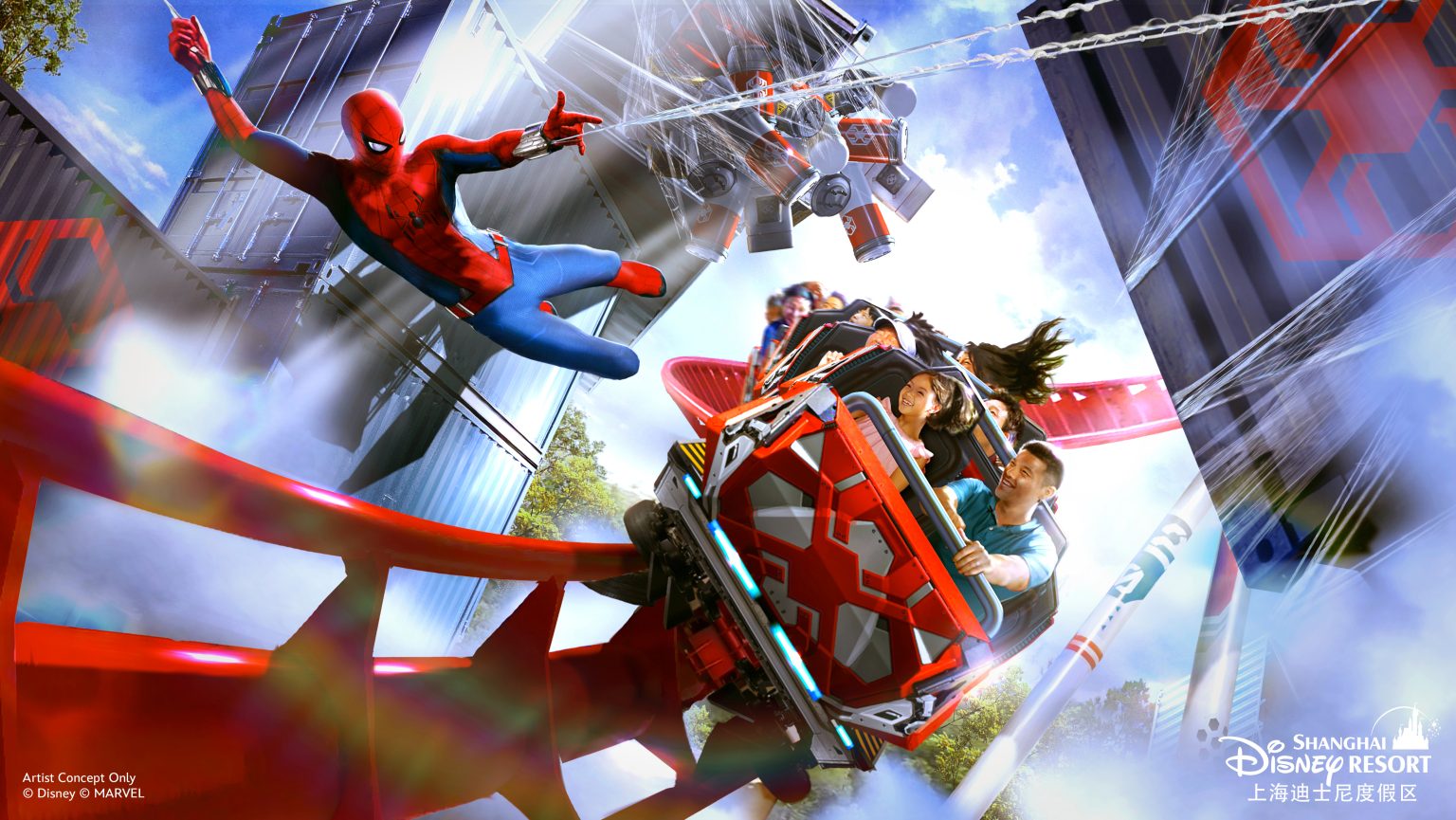 上海ディズニーランドのスパイダーマンコースター外観