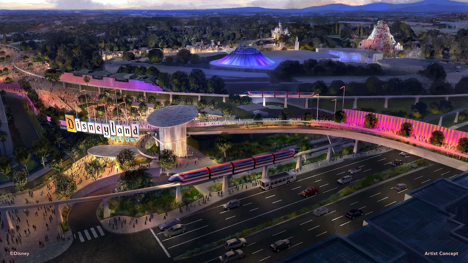 DisneylandForwardの交通ハブとハーバー大通り歩行者橋のコンセプトアート
