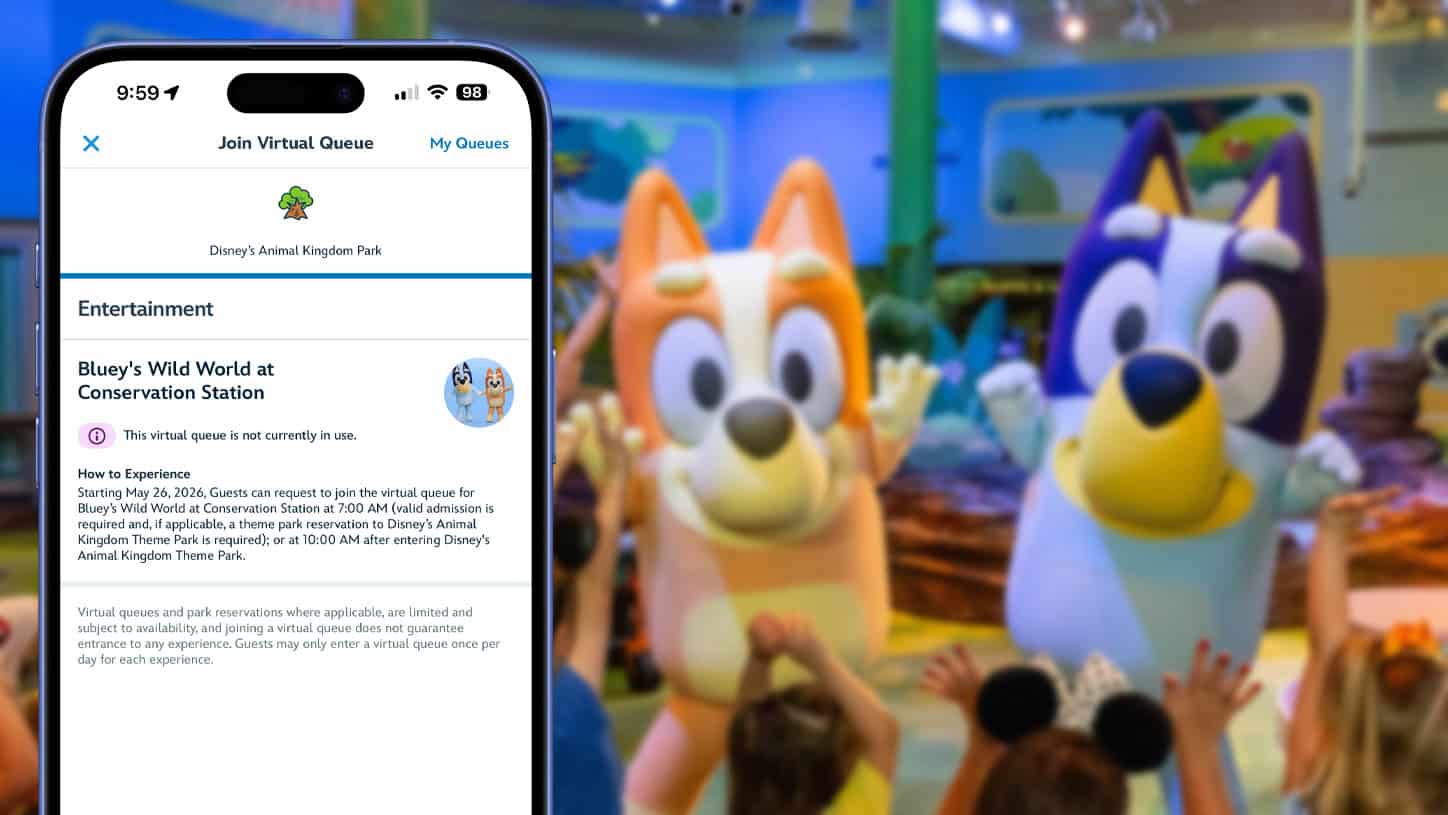 Bluey's Wild Worldのバーチャルキュー画面とBlueyキャラクターたち