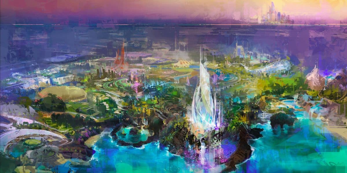 ディズニー・アブダビのコンセプトアート（未来的な都市と自然が融合した広大なリゾート俯瞰図）