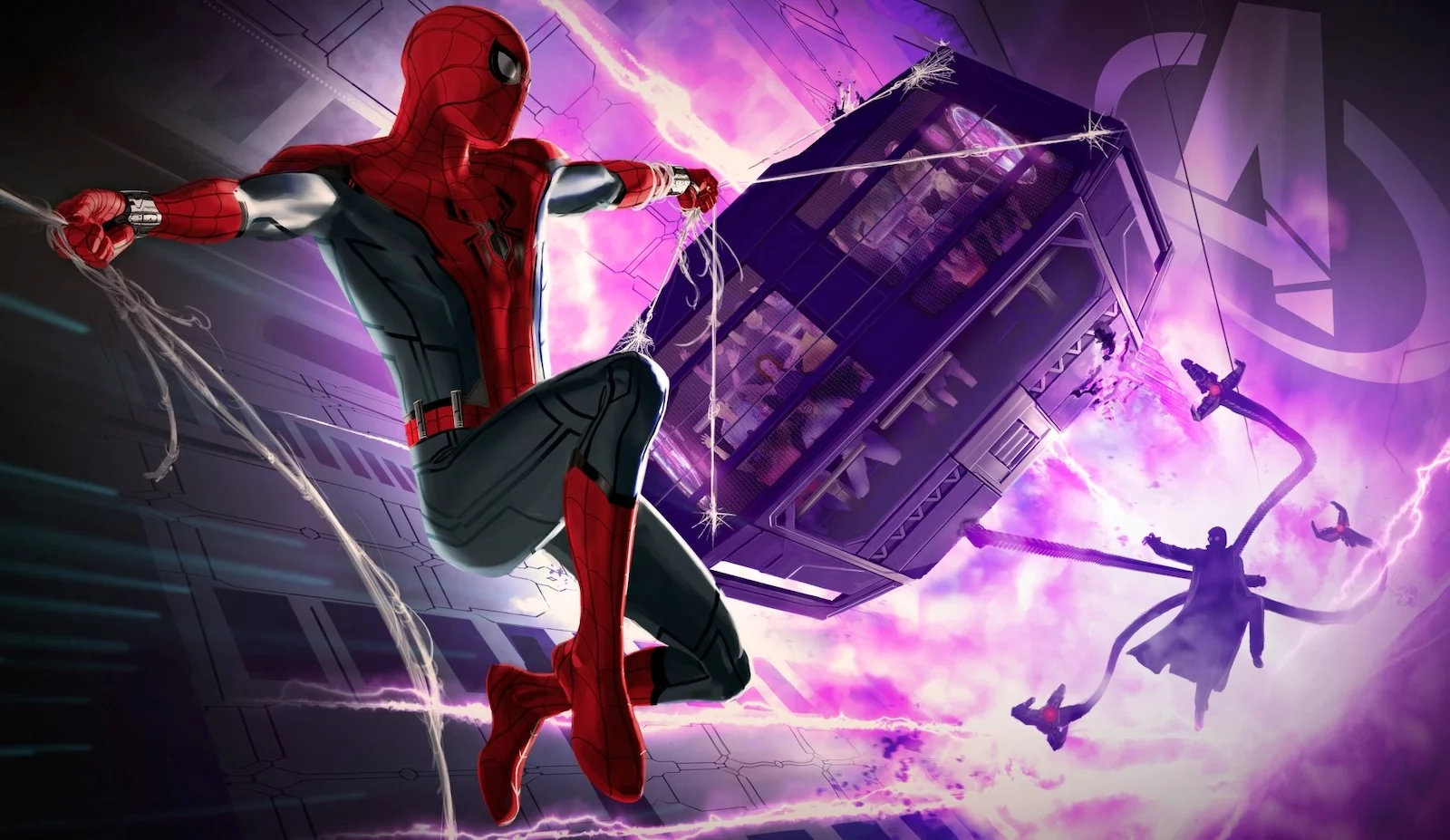 香港ディズニーランド アベンジャーズテーマのドロップタワーライド スパイダーマンとドック・オック コンセプトアート