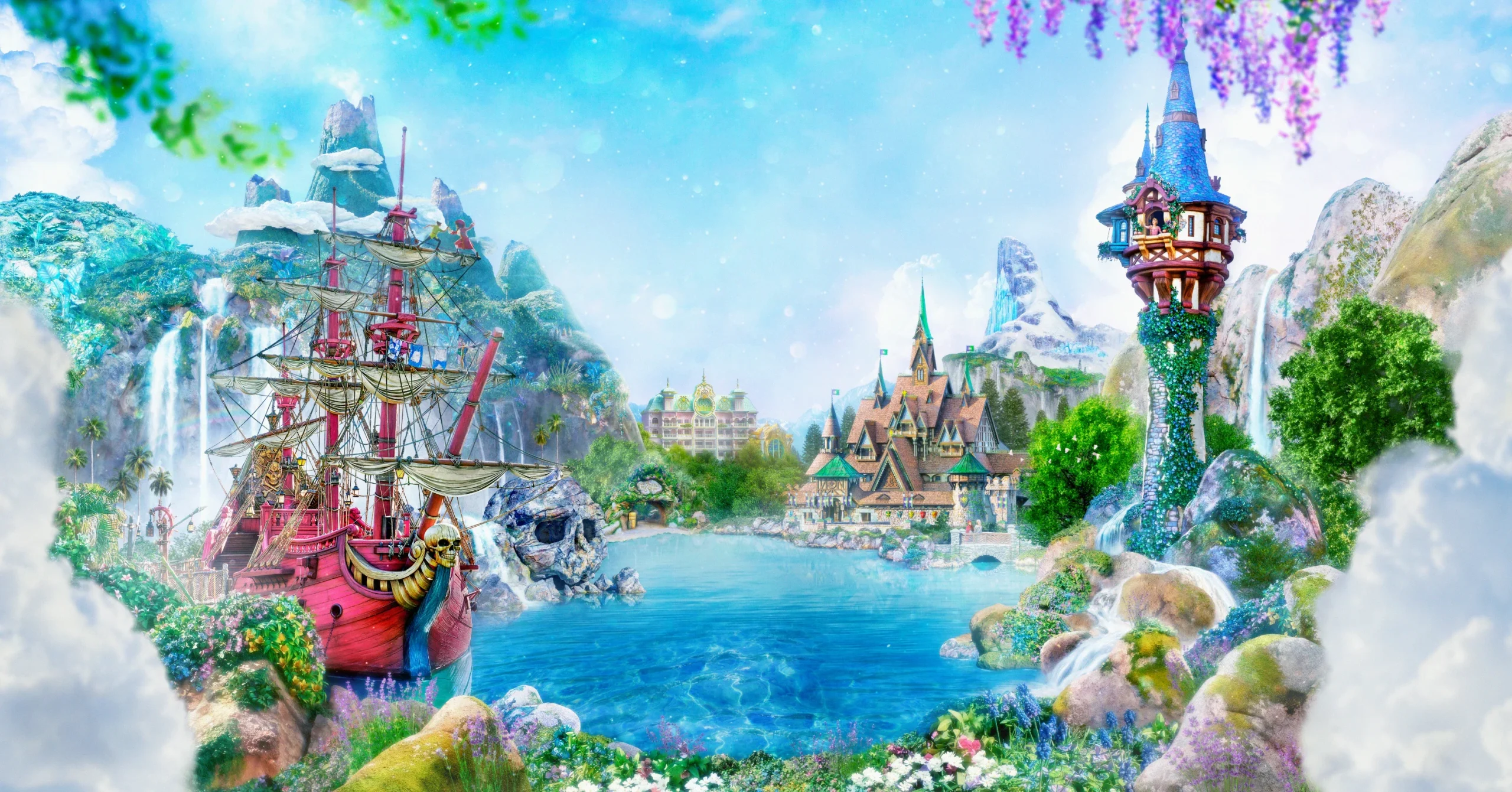 ファンタジースプリングスのイメージビジュアル。アナと雪の女王の氷の城、ラプンツェルの塔、ピーターパンの帆船が広がる幻想的な世界観
