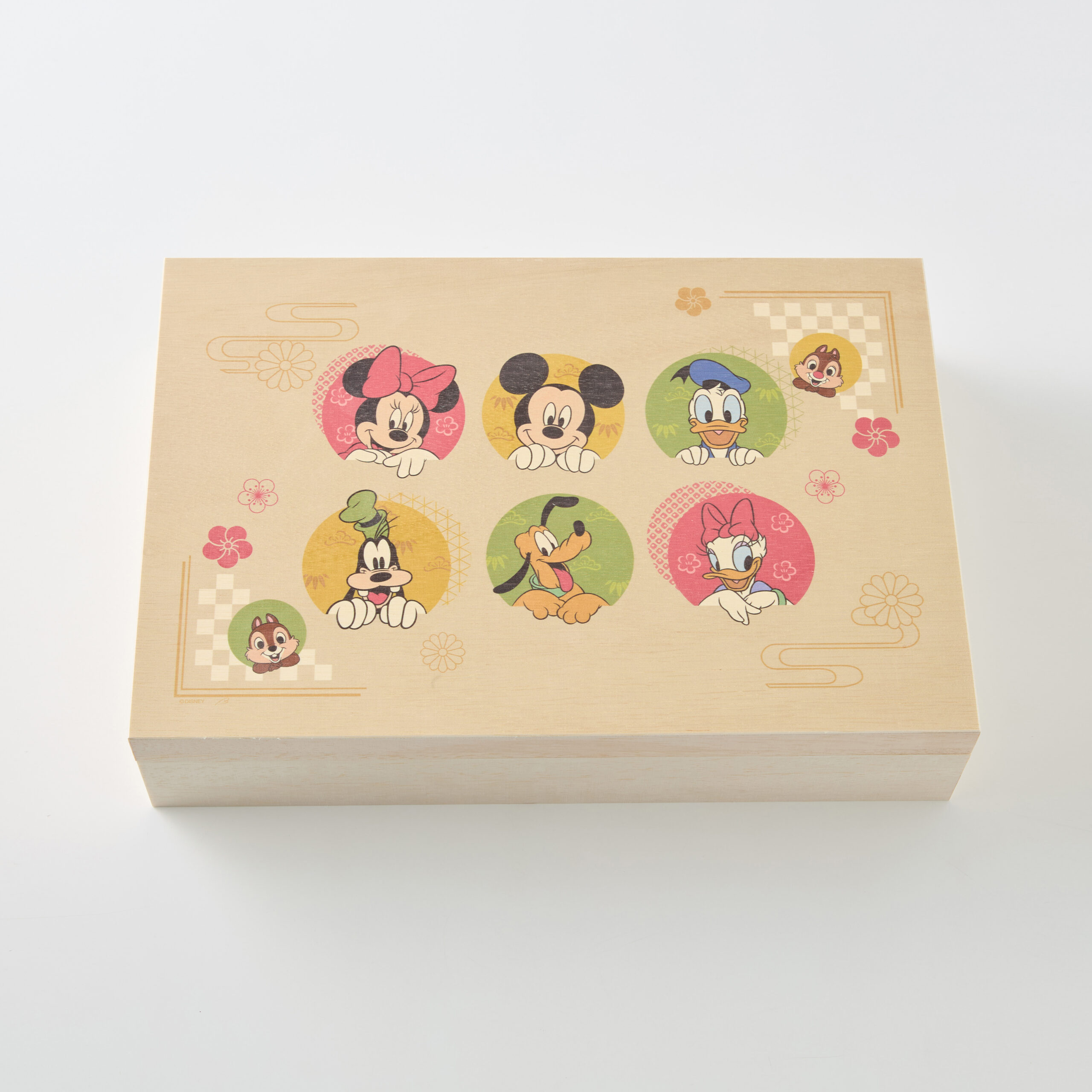 ミッキー&フレンズの木製重箱の蓋 ミッキー・ミニー・ドナルド・グーフィー・プルート・デイジー・チップ&デールの丸型イラスト