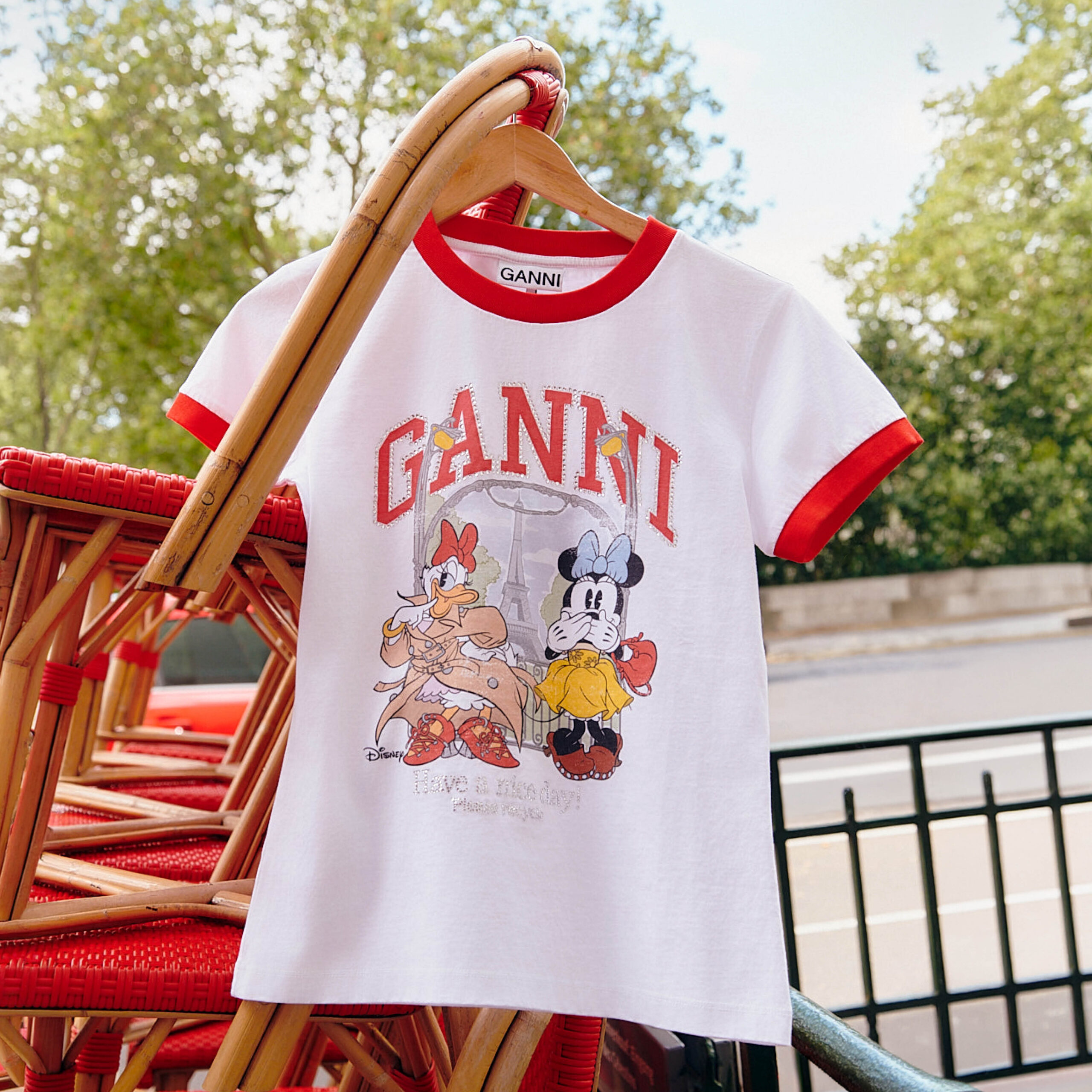 GANNIディズニーコラボ リンガーTシャツ デイジー&ミニーのパリアートワーク