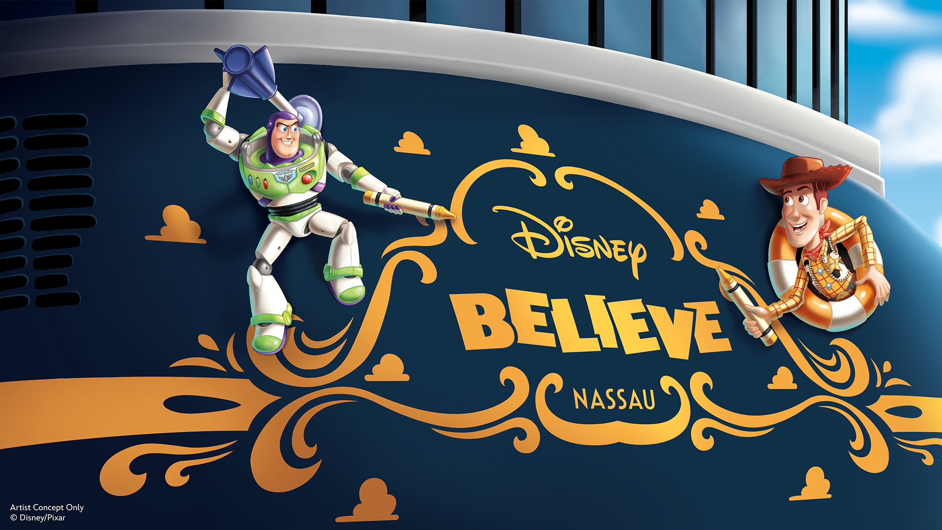 ディズニークルーズ新船Disney Believeの船体に描かれたバズ・ライトイヤーとウッディ
