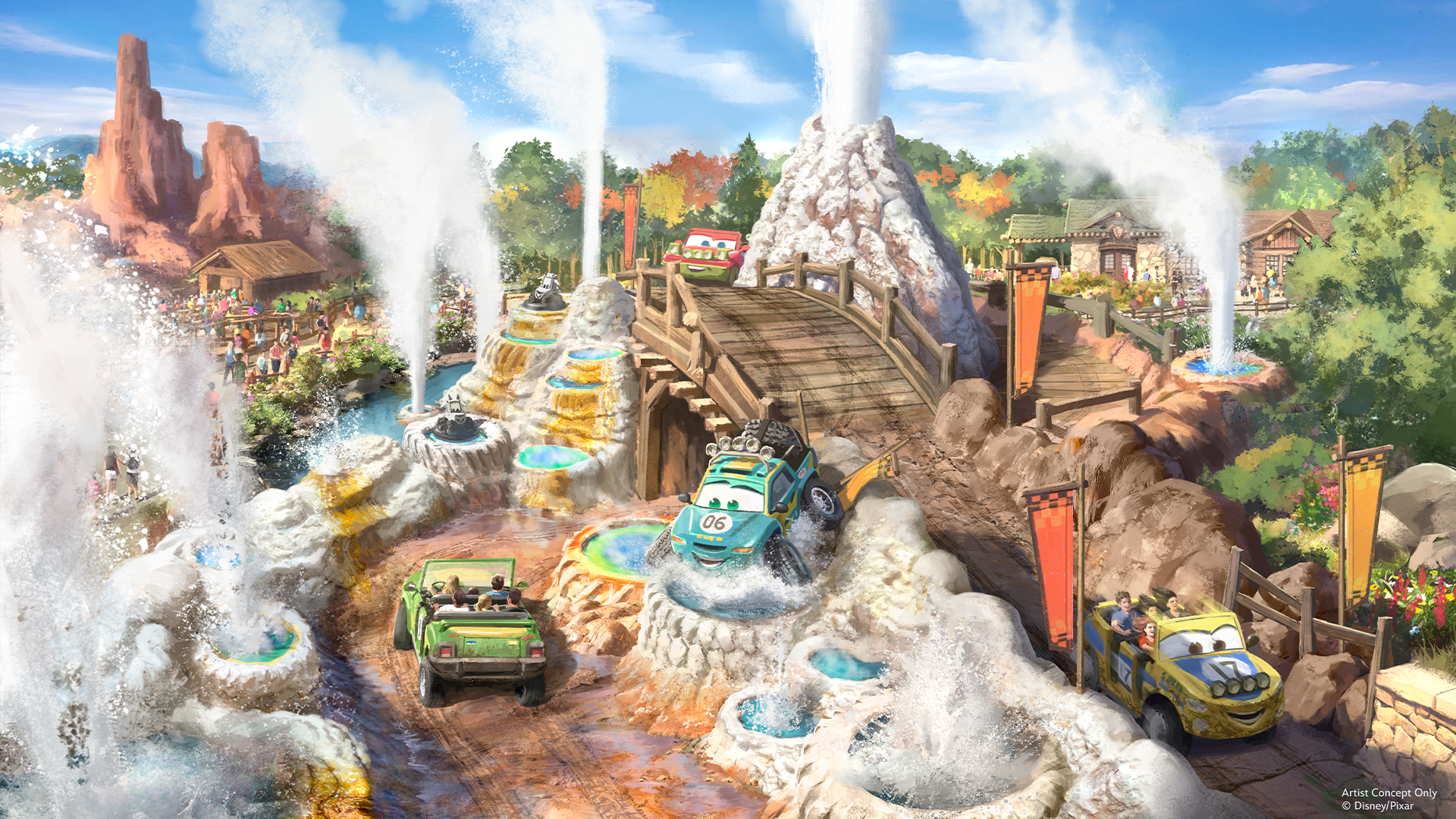 間欠泉が噴き上がる山道を走るカーズのキャラクター車両のコンセプトアート