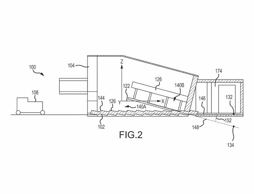 傾斜した搬送機構と収納ボックス状の構造をX・Y・Z軸で示した側面断面図FIG.2