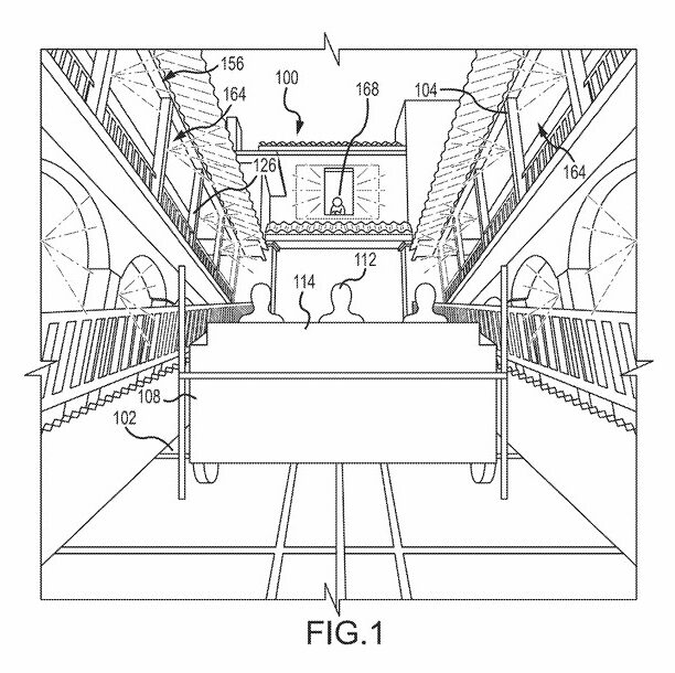 乗客を乗せた車両が軌道を走り、前方に人形や階段状の建築が配置されたアトラクション設計図FIG.1