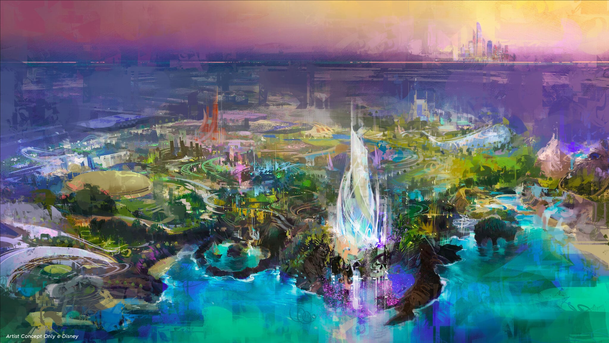 幻想的な配色で描かれたディズニーランド・アブダビの俯瞰コンセプトアート(完成イメージ)