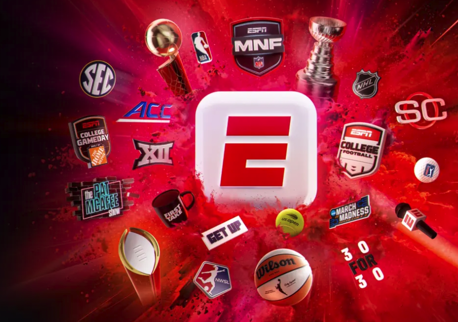 赤いグラデーション背景の中央に配置されたESPNのEロゴと各スポーツリーグのアイコン