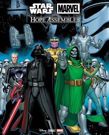 ダース・ベイダー、サノス、ドクター・ドゥーム、ヴェノムなど両作品のヴィランが集結したHope Assemblesの表紙イラスト