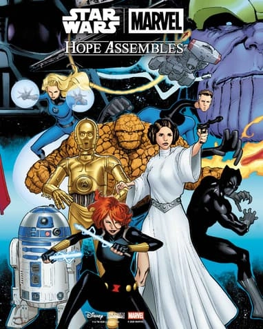 レイア姫やC-3PO、R2-D2とブラックウィドウ、ブラックパンサー、ファンタスティック・フォーが並ぶHope Assemblesのカバーイラスト