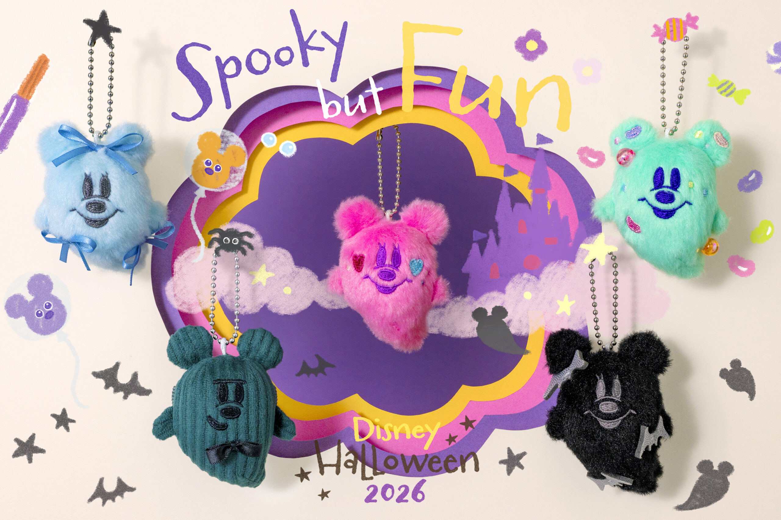 Spooky but Funをテーマにした青・ピンク・ミントグリーン・ダークティール・ブラックのおばけぬいぐるみチャーム全5種