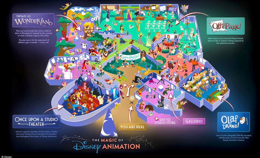 The Magic of Disney Animationの館内マップ。Drawn to WonderlandやOff the Page、Olaf Draws!などのエリアが描かれたイラスト